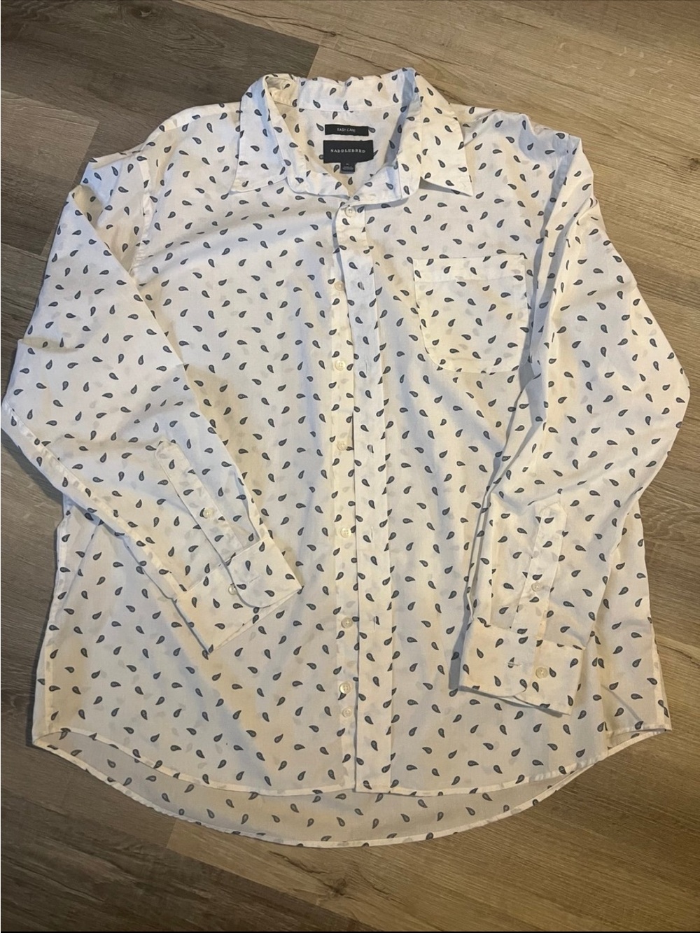 Saddlebred White Long-Sleeve Button-Down Shirt with Navy Teardrop Print